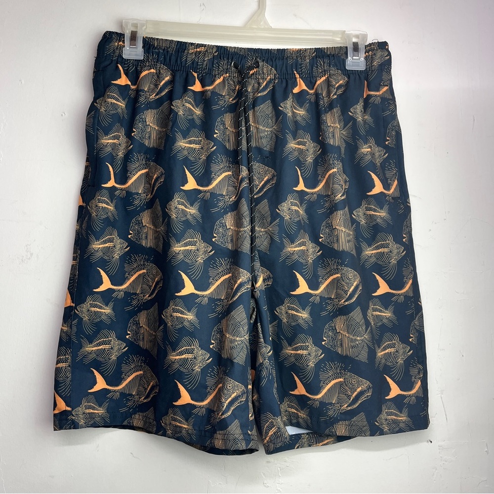 Flytop Men's 3XL Blue Orange Fish Print All Over Stretch Swim Trunks Shorts